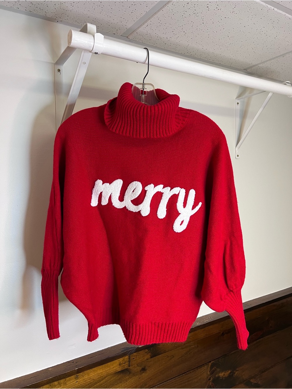 Red 'Merry' Turtleneck Women's Holiday Sweater- M